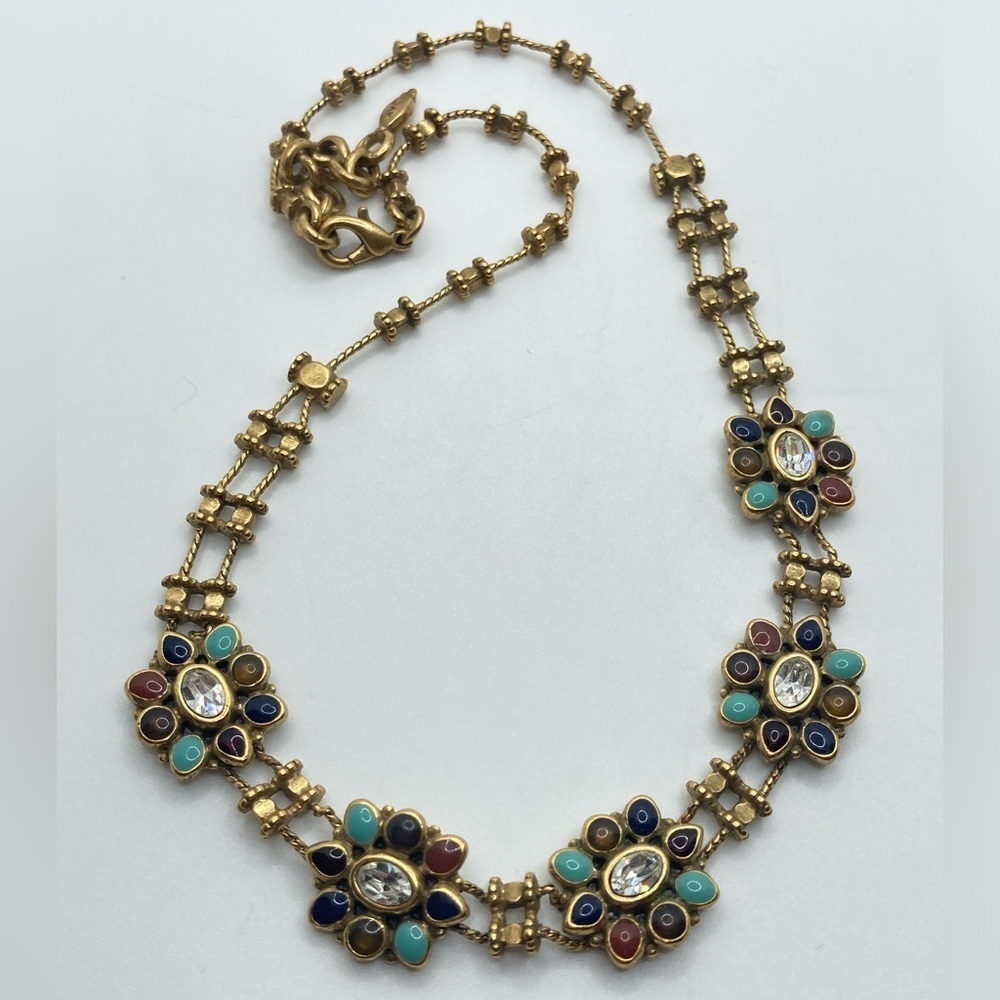 Vtg 80s AK Anne Klein Flower Cabochon Rhinestone Brass Metal Necklace 16” + 1.5” - Picture 2 of 10